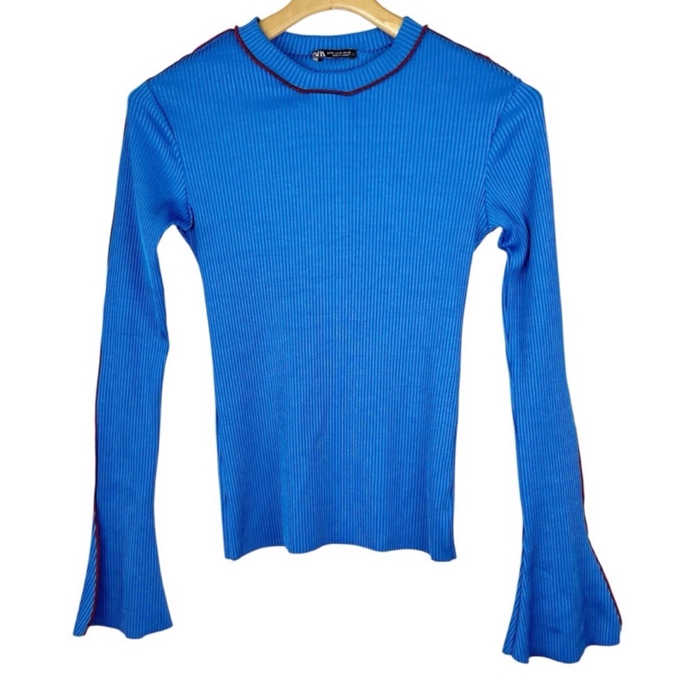 Zara Long Sleeve Ribbed Bell Sleeve Top Blue Size Medium